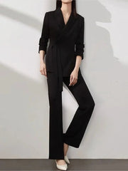 Pant Suit Women 2-Piece Chic Long Sleeve Blazer High Waist Straight Pants Vintage Office Attire Set