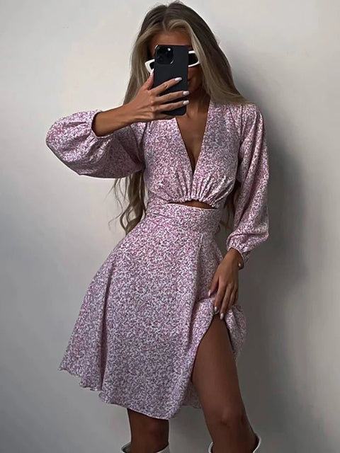 Tossy V-Neck Print Dress New Fashion Hollow Out Elegant Long Sleeve Dress Patchwork Knee Length Dress