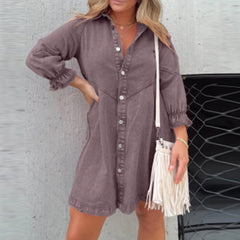 Long Sleeve Denim Shirt Dress Women Single Breasted A-Line Mini Casual Fashion Dress