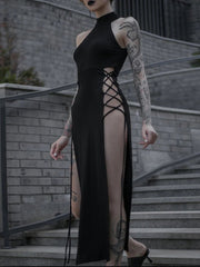 Gothic Dress Lace-Up Halter High Side Slit Black Maxi Cosplay Punk Dark Sexy Women Costume