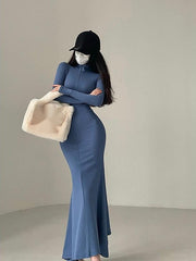 Long Sleeve Rib Knitted Fishtail Maxi Dress Women Tight Slim Zipper Elegant Fashion Dress