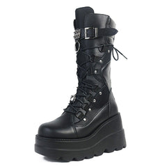 Platform Mid-Calf Boots Women High Wedge Heel Lace-Up Gothic Punk Knee High Fashion Shoes