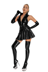 Women's Faux PVC Leather Dress Wet Look Sexy Bodycon Vinyl Latex Sleeveless Mini Dress with Gloves & Stockings