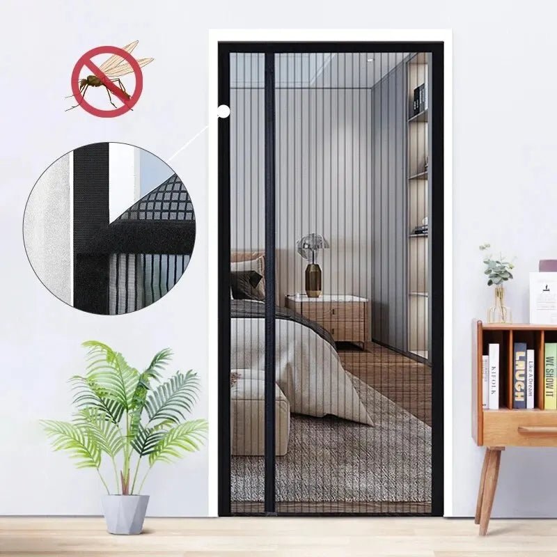 Modern bedroom with a sliding door featuring a magnetic screen, plant, and nightstands.
