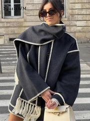 Winter Coat Women Warm Scarf Single Breasted Elegant Pockets Loose Streetwear Casual Outerwear Fashion