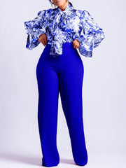 Ladies Two Pieces Set Printed Long Sleeve Blouses & High Waist Pants African Inspired Design