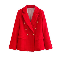 Double Breasted Blazer Women Button-Up Casual Coat Chic Elegant Office Fashion Jacket