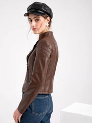 Faux Leather Jacket Women Slim Vintage Zipper Short Turndown Collar Chic Casual Outerwear Fashion