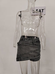 High Waist Irregular Chain Denim Mini Skirt Women Spliced Gray Above Knee Casual Fashion