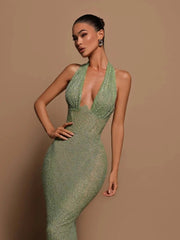 Sequin Maxi Dress Women Halter Deep V-Neck Green Sleeveless Backless Slim Elegant Wedding Party Prom