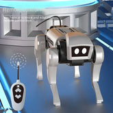 Robotic dog toy with remote control on a futuristic background