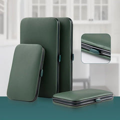 Green travel case with a close-up inset on a blurred background