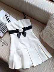 Flower Pleated Mini Dress Women French Elegant Small Fragrance Casual Chic Fashion Dress