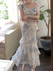 Floral Printed Ruffled Patchwork Maxi Dress Women Double Ruffle Elegant Casual Fashion Dress