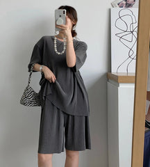 Shirt & Shorts Set Women Retro Waffle Knit Loose Short Sleeve Round Neck 2-Piece Casual Fashion