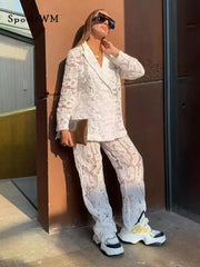 Lace Pant Suit Women 2-Piece Chic Lapel Double Breasted Long Sleeve Blazer Wide Leg Pants Hollow Out