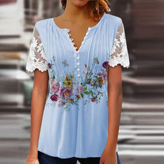 Floral Print Lace Top Women's Patchwork Embroidered Mesh Short Sleeve Blouse