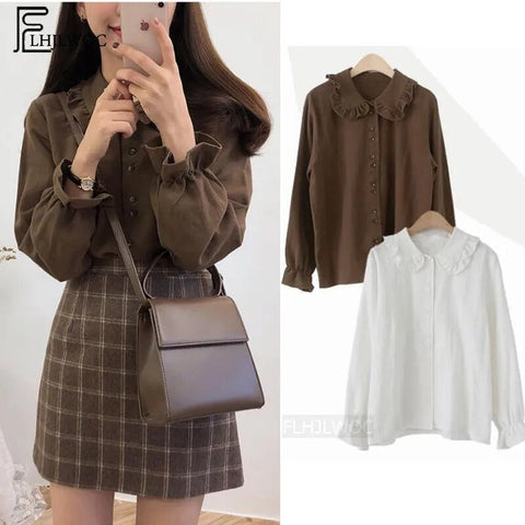Blouse Women Vintage Preppy Flare Sleeve Peter Pan Collar White Button Girls Casual Fashion Top