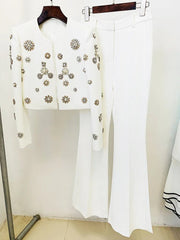 Pant Suit Women Bead Pearl Rhinestone Embellished Cropped Jacket Flare Slit Pants Elegant Chic Set