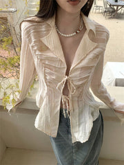 Fairycore Lace-Up Blouse Women Long Sleeve Turn-Down Collar Casual Elegant Fashion Top