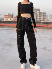 Cotton Jeans Women Loose White Thread Black Casual Comfortable Everyday Fashion Denim