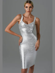 Midi Dress Women Metallic Sleeveless Backless Gold Silver Bodycon Bandage Elegant Evening Wedding Party