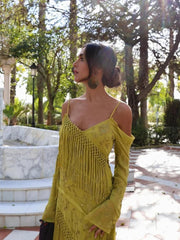 Maxi Dress Women Elegant Green Tassel Irregular Print V-Neck Long Sleeve Spaghetti Strap Boutique