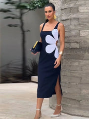 Midi Dress Women Flower Print Cut Out Elegant O-Neck Sleeveless Slim Fit Boutique Party Fashion Dress