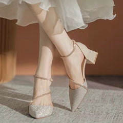 Crystal Sandals Women Shiny Rhinestone Medium Heel Luxury Elegant Party Fashion Shoes