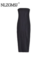 Strapless Backless Denim Maxi Dress Women Blue Zipper Split Frayed Party Casual Fashion Dress
