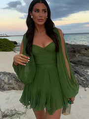 Mini Dress Women Pleated V-Neck Split Long Sleeve A-Line Casual Beach Holiday Summer Fashion Dress