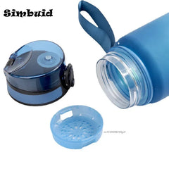 Blue water bottle with multiple components on a white background, featuring the brand 'Simbuid'.