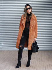 Faux Fur Teddy Coat Women Long Notched Collar Lapel Open Front Plus Size Warm Winter Outerwear