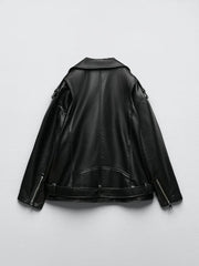 Faux Leather Biker Jacket Women Relaxed Fit Motorcycle Black Belt Casual Streetwear Outerwear Fashion
