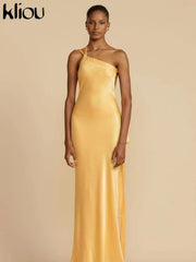 Maxi Dress Women Elegant Incline Shoulder Backless Sleeveless Satin High Street Evening Party Dress