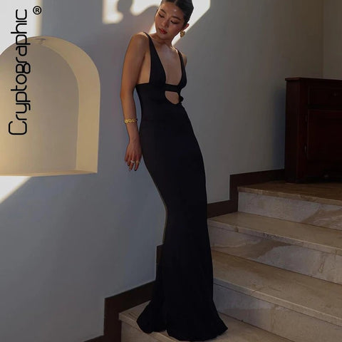 Maxi Dress Women Backless Cut Out Deep V-Neck Mermaid Elegant Club Party Long Fashion Dress