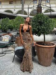 Maxi Dress Women Leopard Print Lace Patchwork V-Neck Slim Open Back Boutique Fashion Long Dress