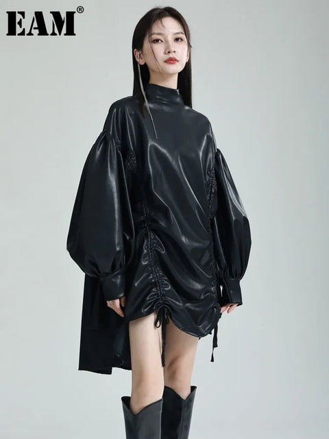 Jacket Top Women PU Leather Drawstring Turtleneck Long Sleeve Oversized Chic Fashion Shirt Coat