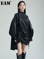 Jacket Top Women PU Leather Drawstring Turtleneck Long Sleeve Oversized Chic Fashion Shirt Coat