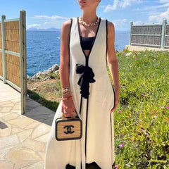 Maxi Dress Women High Waist Deep V-Neck Slim Lace-Up Sleeveless Elegant Party Summer Long Dress