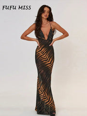 Maxi Dress Women Leopard Print Deep V-Neck Lace-Up Backless Sleeveless Slim Strap Boutique Spring Summer