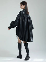 Jacket Top Women PU Leather Drawstring Turtleneck Long Sleeve Oversized Chic Fashion Shirt Coat