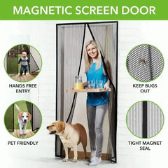 Magnetic screen door with features highlighted on a white background