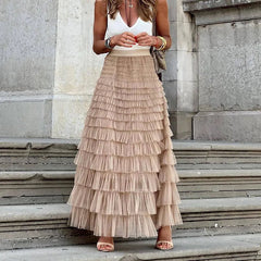 Maxi Skirt Women Elegant Elastic High Waist Multi-Layered Mesh Lace Loose Tiered Party Fashion Skirt