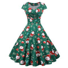 High Waist Print Midi Dress Women Casual Elegant Retro V-Neck Short Sleeve Holiday Fashion
