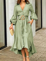 Long Lantern Sleeve Midi Dress Women Vintage Belt Irregular Hem Elegant Casual Fashion Dress