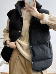 Puffer Vest Women Stand-Up Collar Single Breasted Solid Cotton Filled Warm Winter Fashion Top