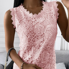 Sleeveless Floral Lace Tank Top Crochet Women Round Neck Loose-Shirt Top