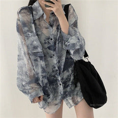 Tie Dye Shirt Women Loose Casual Sun-Protective Embroidered Transparent Casual Fashion Top