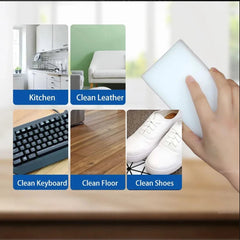 Hand using a white cleaning cloth with various cleaning scenarios displayed on a wooden surface.